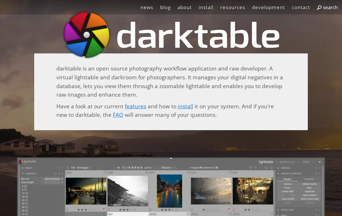 darktable 화면