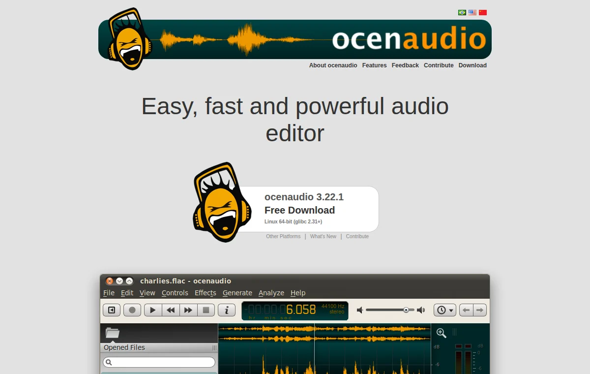 ocenaudio 공식 웹사이트 화면